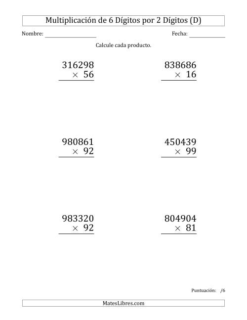La hoja de ejercicios de Multiplicar Números de 6 Dígitos por 2 Dígitos (Formato Grande) (D)