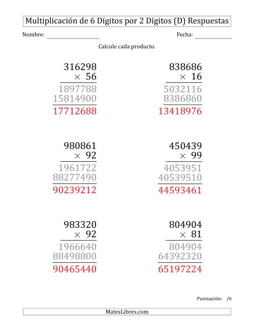 La hoja de ejercicios de Multiplicar Números de 6 Dígitos por 2 Dígitos (Formato Grande) (D) Página 2