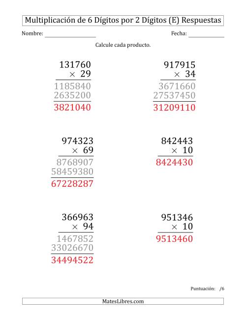 La hoja de ejercicios de Multiplicar Números de 6 Dígitos por 2 Dígitos (Formato Grande) (E) Página 2