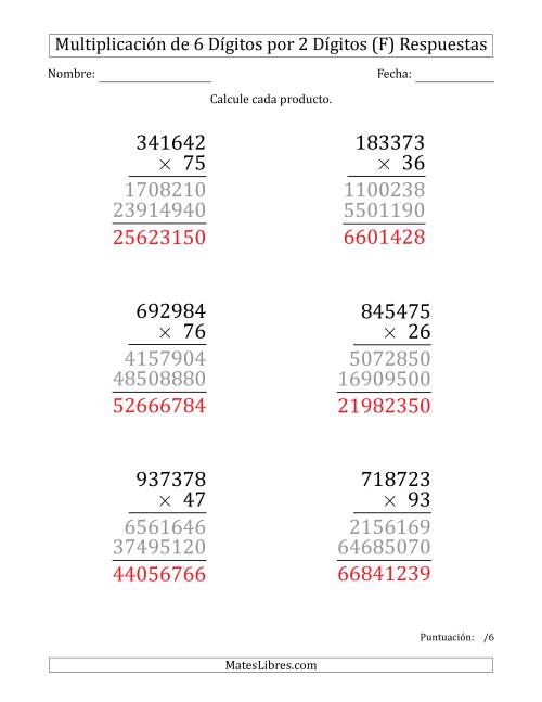La hoja de ejercicios de Multiplicar Números de 6 Dígitos por 2 Dígitos (Formato Grande) (F) Página 2