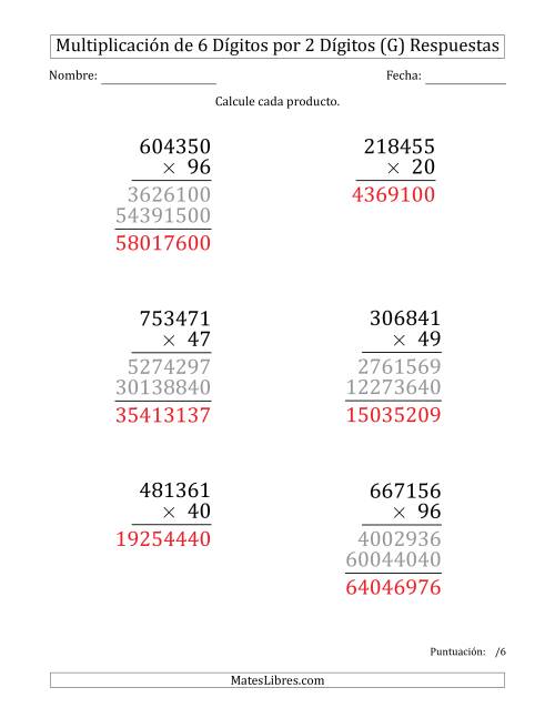 La hoja de ejercicios de Multiplicar Números de 6 Dígitos por 2 Dígitos (Formato Grande) (G) Página 2