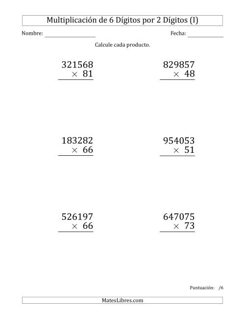 La hoja de ejercicios de Multiplicar Números de 6 Dígitos por 2 Dígitos (Formato Grande) (I)