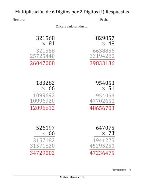 La hoja de ejercicios de Multiplicar Números de 6 Dígitos por 2 Dígitos (Formato Grande) (I) Página 2