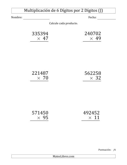 La hoja de ejercicios de Multiplicar Números de 6 Dígitos por 2 Dígitos (Formato Grande) (J)