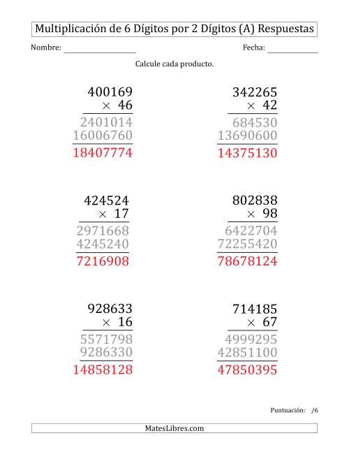 La hoja de ejercicios de Multiplicar Números de 6 Dígitos por 2 Dígitos (Formato Grande) (Todas) Página 2