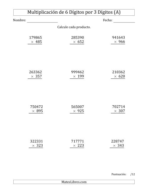 La hoja de ejercicios de Multiplicar Números de 6 Dígitos por 3 Dígitos (A)