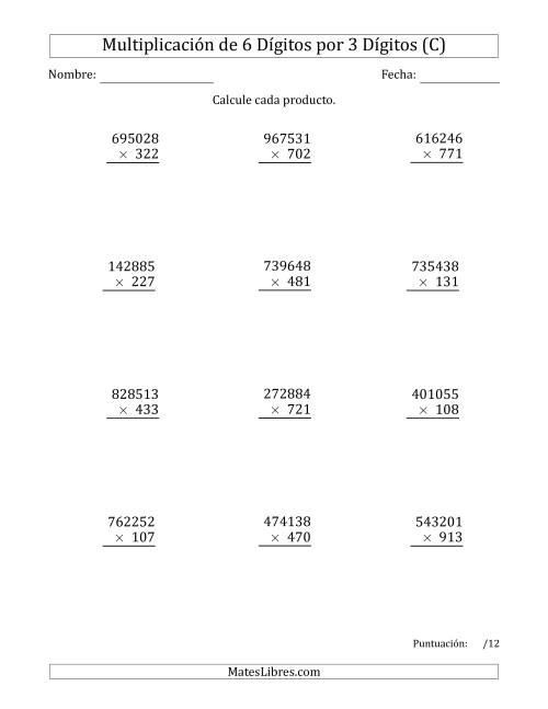La hoja de ejercicios de Multiplicar Números de 6 Dígitos por 3 Dígitos (C)