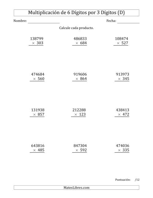 La hoja de ejercicios de Multiplicar Números de 6 Dígitos por 3 Dígitos (D)
