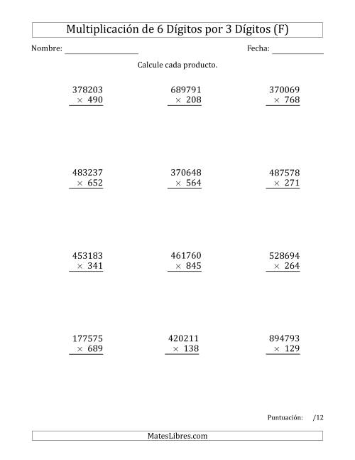 La hoja de ejercicios de Multiplicar Números de 6 Dígitos por 3 Dígitos (F)