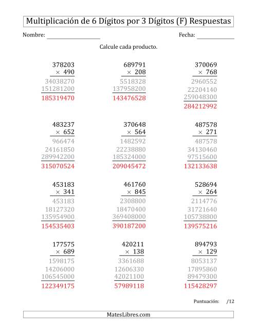 La hoja de ejercicios de Multiplicar Números de 6 Dígitos por 3 Dígitos (F) Página 2