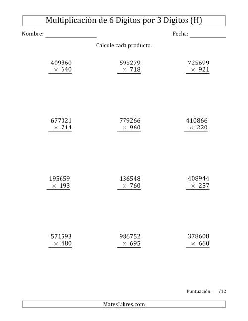 La hoja de ejercicios de Multiplicar Números de 6 Dígitos por 3 Dígitos (H)