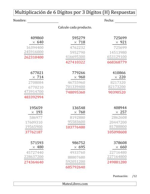 La hoja de ejercicios de Multiplicar Números de 6 Dígitos por 3 Dígitos (H) Página 2