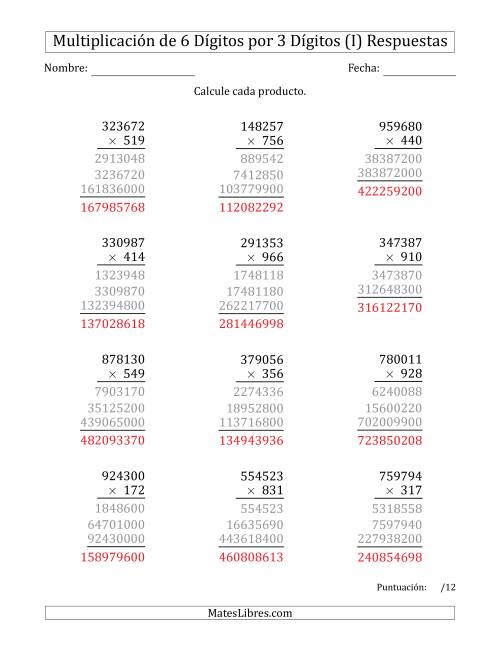 La hoja de ejercicios de Multiplicar Números de 6 Dígitos por 3 Dígitos (I) Página 2
