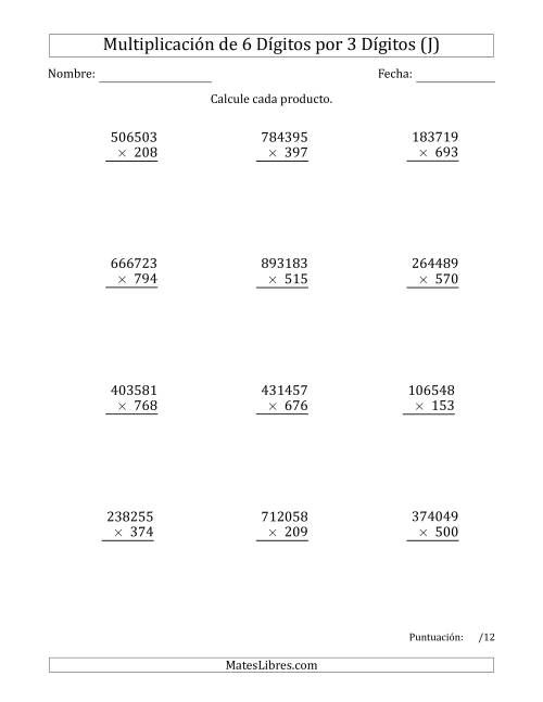 La hoja de ejercicios de Multiplicar Números de 6 Dígitos por 3 Dígitos (J)