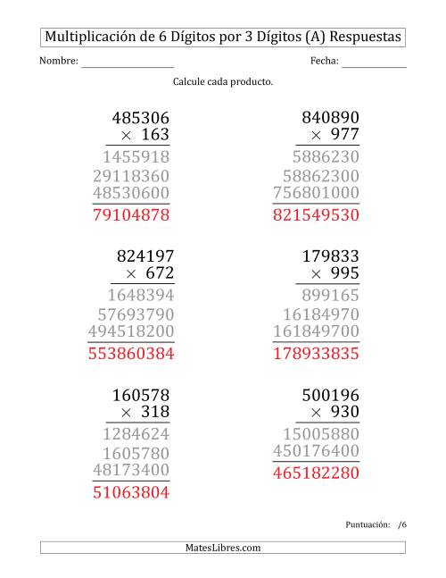 La hoja de ejercicios de Multiplicar Números de 6 Dígitos por 3 Dígitos (Formato Grande) (A) Página 2
