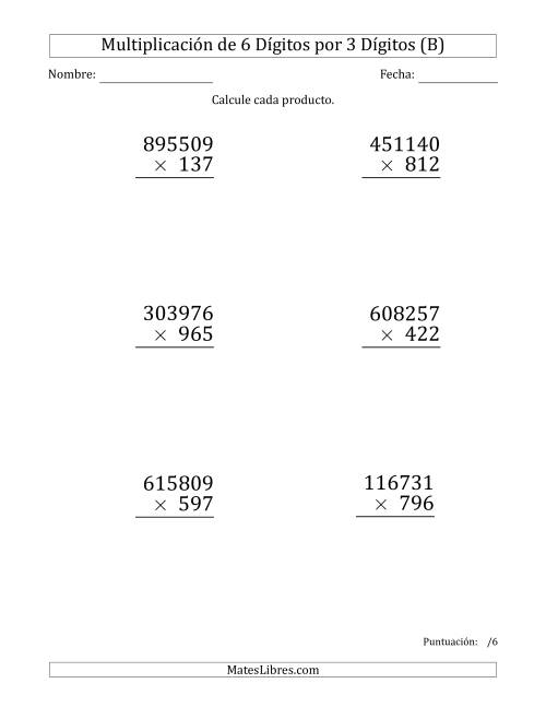 La hoja de ejercicios de Multiplicar Números de 6 Dígitos por 3 Dígitos (Formato Grande) (B)