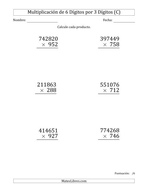 La hoja de ejercicios de Multiplicar Números de 6 Dígitos por 3 Dígitos (Formato Grande) (C)