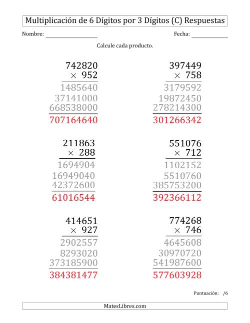La hoja de ejercicios de Multiplicar Números de 6 Dígitos por 3 Dígitos (Formato Grande) (C) Página 2