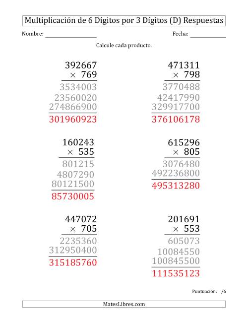 La hoja de ejercicios de Multiplicar Números de 6 Dígitos por 3 Dígitos (Formato Grande) (D) Página 2