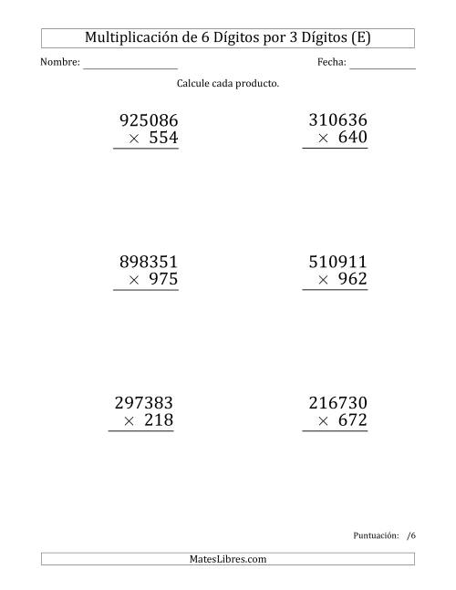 La hoja de ejercicios de Multiplicar Números de 6 Dígitos por 3 Dígitos (Formato Grande) (E)