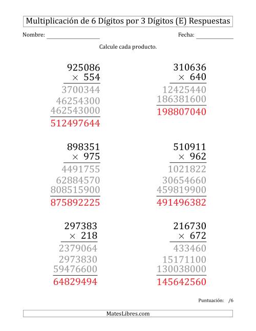 La hoja de ejercicios de Multiplicar Números de 6 Dígitos por 3 Dígitos (Formato Grande) (E) Página 2