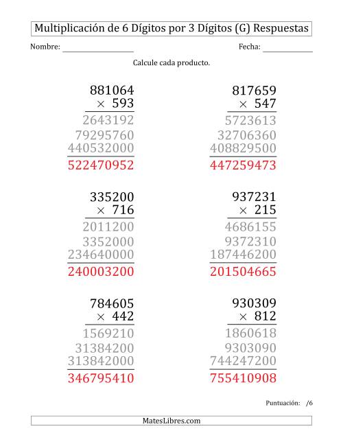 La hoja de ejercicios de Multiplicar Números de 6 Dígitos por 3 Dígitos (Formato Grande) (G) Página 2