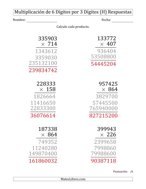 La hoja de ejercicios de Multiplicar Números de 6 Dígitos por 3 Dígitos (Formato Grande) (H) Página 2