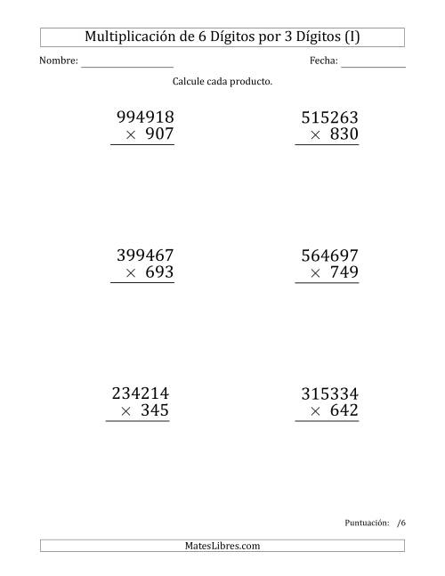 La hoja de ejercicios de Multiplicar Números de 6 Dígitos por 3 Dígitos (Formato Grande) (I)