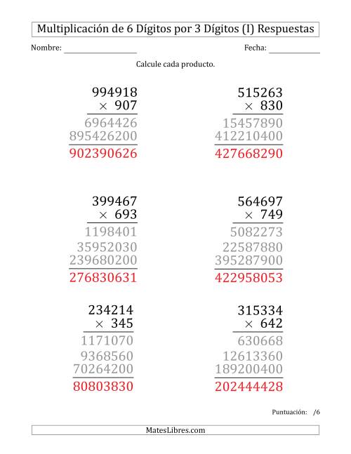 La hoja de ejercicios de Multiplicar Números de 6 Dígitos por 3 Dígitos (Formato Grande) (I) Página 2