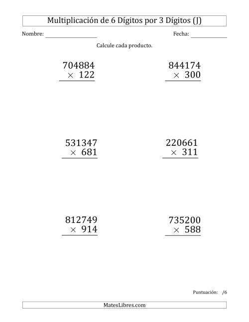 La hoja de ejercicios de Multiplicar Números de 6 Dígitos por 3 Dígitos (Formato Grande) (J)