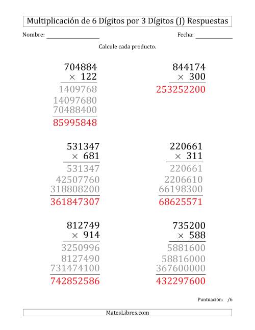La hoja de ejercicios de Multiplicar Números de 6 Dígitos por 3 Dígitos (Formato Grande) (J) Página 2