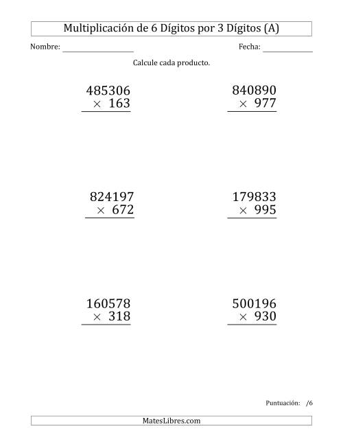 La hoja de ejercicios de Multiplicar Números de 6 Dígitos por 3 Dígitos (Formato Grande) (Todas)