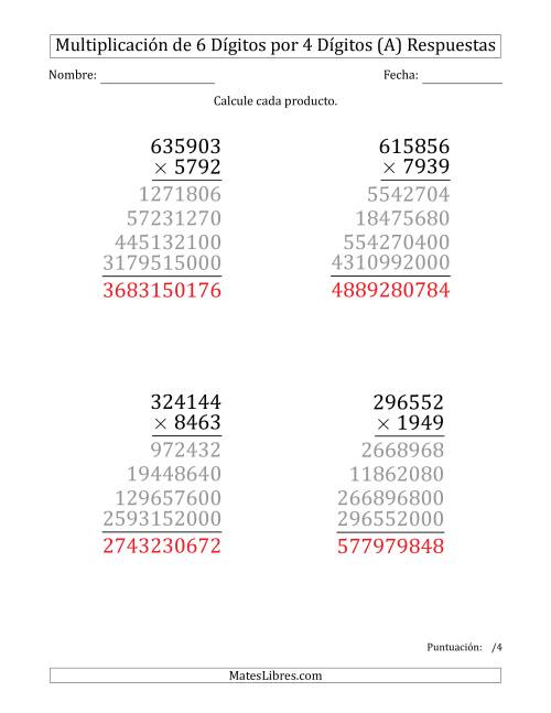 La hoja de ejercicios de Multiplicar Números de 6 Dígitos por 4 Dígitos (Formato Grande) (A) Página 2