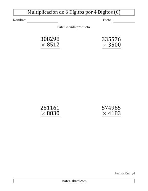 La hoja de ejercicios de Multiplicar Números de 6 Dígitos por 4 Dígitos (Formato Grande) (C)