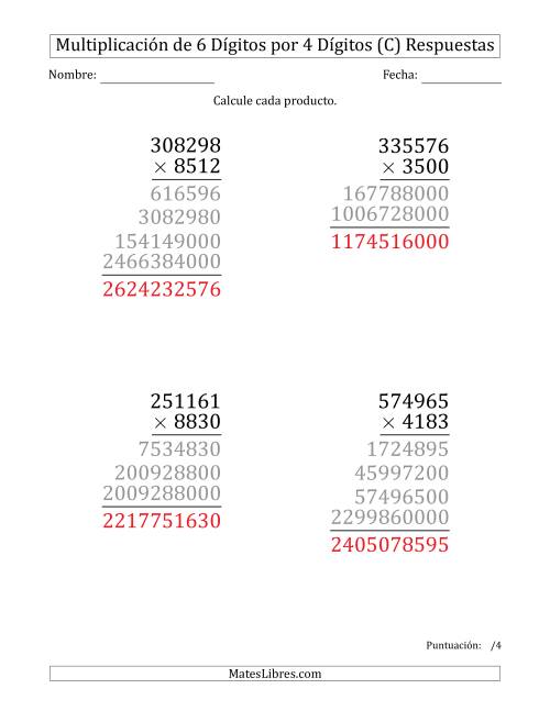 La hoja de ejercicios de Multiplicar Números de 6 Dígitos por 4 Dígitos (Formato Grande) (C) Página 2
