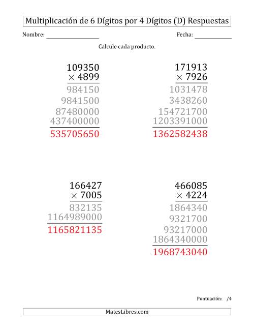 La hoja de ejercicios de Multiplicar Números de 6 Dígitos por 4 Dígitos (Formato Grande) (D) Página 2