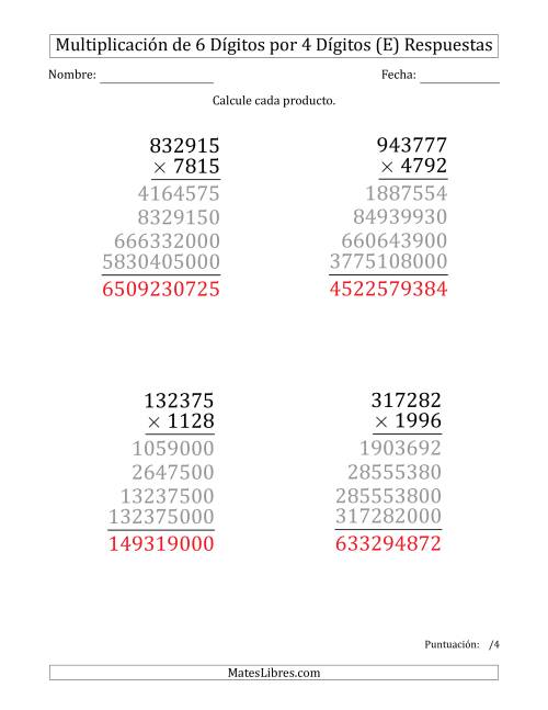 La hoja de ejercicios de Multiplicar Números de 6 Dígitos por 4 Dígitos (Formato Grande) (E) Página 2