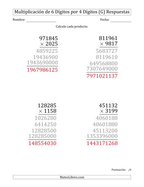 La hoja de ejercicios de Multiplicar Números de 6 Dígitos por 4 Dígitos (Formato Grande) (G) Página 2