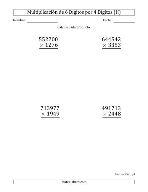 La hoja de ejercicios de Multiplicar Números de 6 Dígitos por 4 Dígitos (Formato Grande) (H)