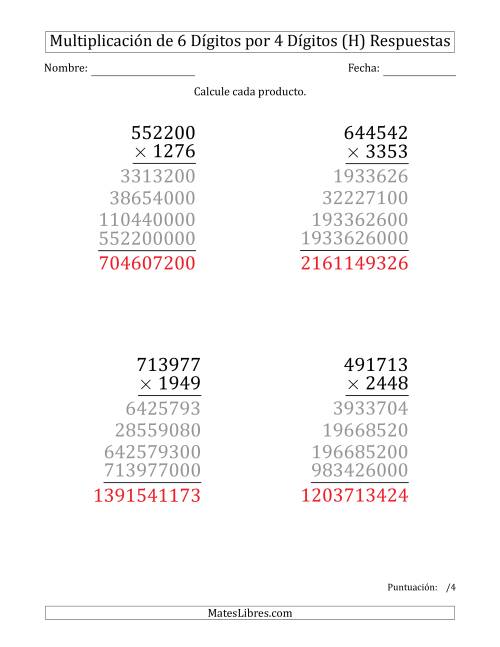 La hoja de ejercicios de Multiplicar Números de 6 Dígitos por 4 Dígitos (Formato Grande) (H) Página 2