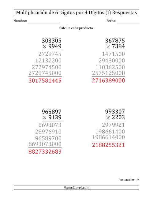 La hoja de ejercicios de Multiplicar Números de 6 Dígitos por 4 Dígitos (Formato Grande) (I) Página 2