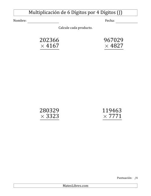 La hoja de ejercicios de Multiplicar Números de 6 Dígitos por 4 Dígitos (Formato Grande) (J)