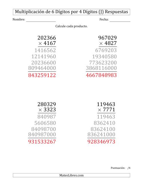 La hoja de ejercicios de Multiplicar Números de 6 Dígitos por 4 Dígitos (Formato Grande) (J) Página 2