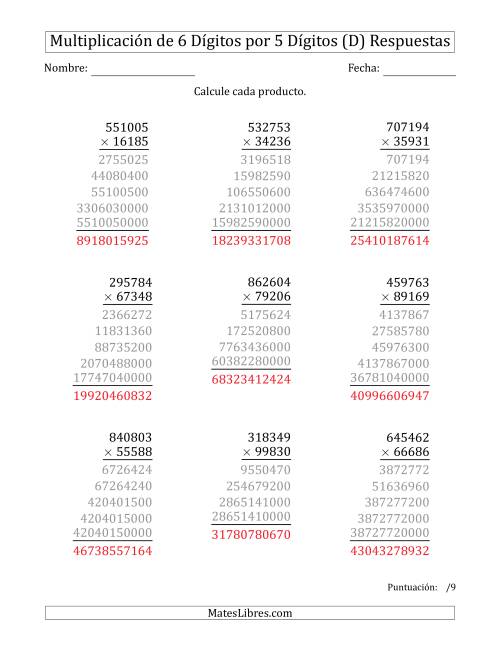 La hoja de ejercicios de Multiplicar Números de 6 Dígitos por 5 Dígitos (D) Página 2