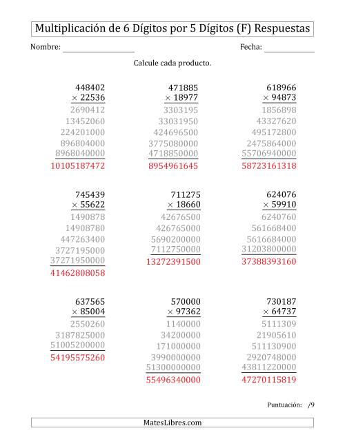 La hoja de ejercicios de Multiplicar Números de 6 Dígitos por 5 Dígitos (F) Página 2