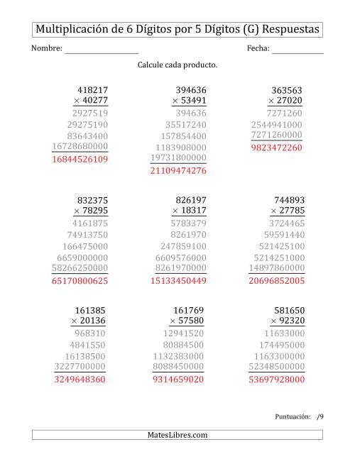 La hoja de ejercicios de Multiplicar Números de 6 Dígitos por 5 Dígitos (G) Página 2