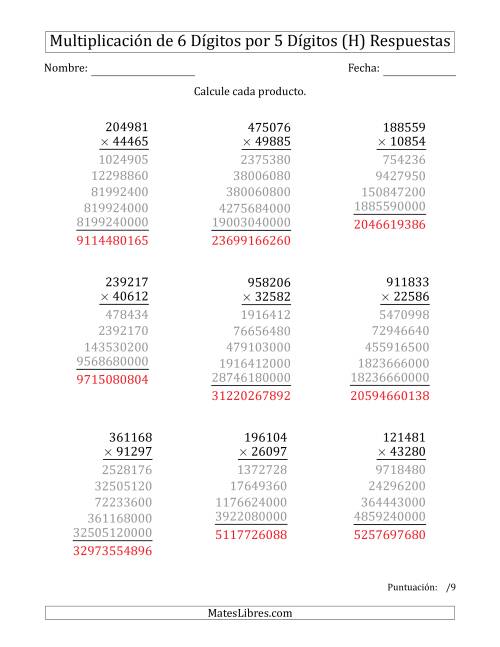 La hoja de ejercicios de Multiplicar Números de 6 Dígitos por 5 Dígitos (H) Página 2