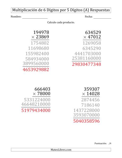 La hoja de ejercicios de Multiplicar Números de 6 Dígitos por 5 Dígitos (Formato Grande) (A) Página 2