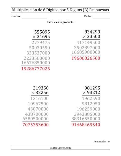 La hoja de ejercicios de Multiplicar Números de 6 Dígitos por 5 Dígitos (Formato Grande) (B) Página 2