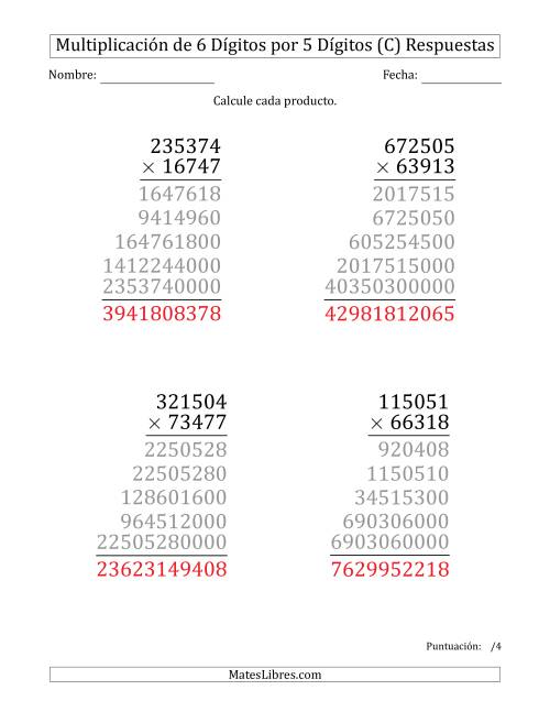 La hoja de ejercicios de Multiplicar Números de 6 Dígitos por 5 Dígitos (Formato Grande) (C) Página 2